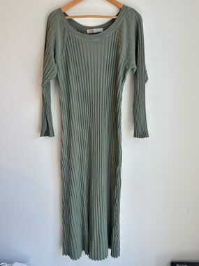 Free People FP Beach Ribbed Maxi Dress Olive Green Long Sleeve Size Large